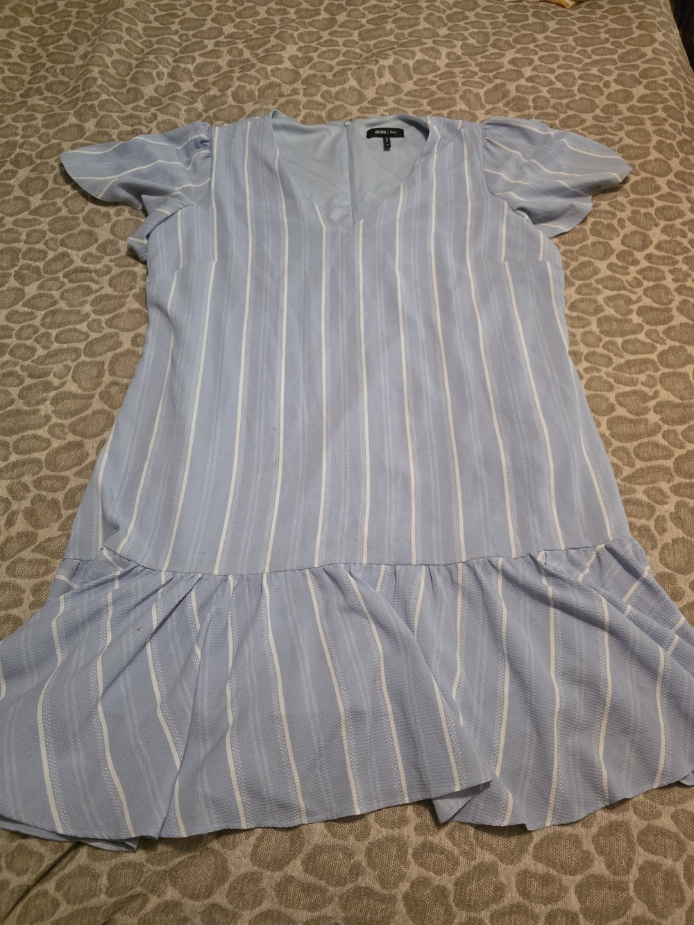 BCBG Paris Light Blue and White Striped V-Neck Midi Dress